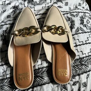 Madden NYC cream with gold accent mules